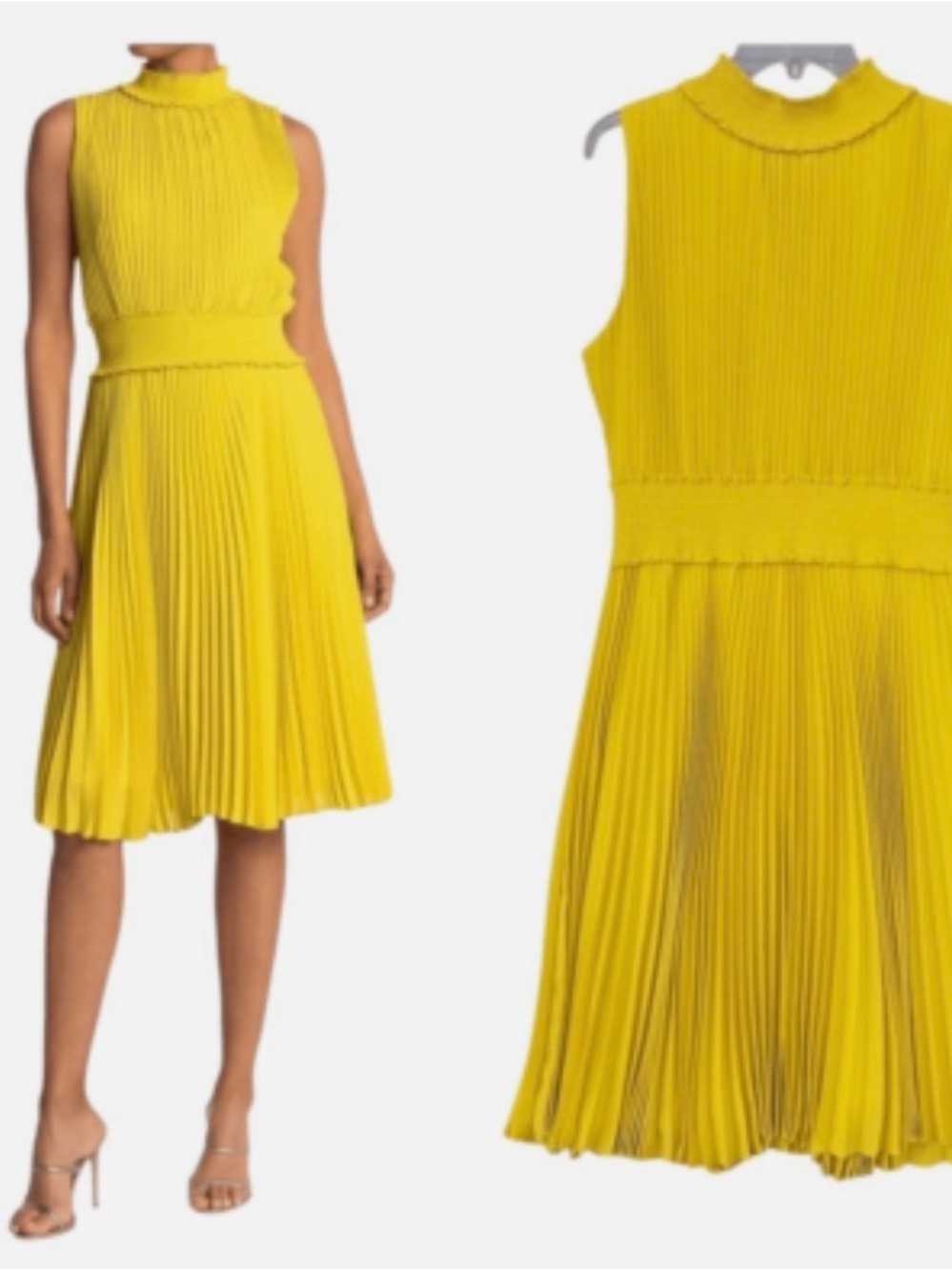 Sleeveless Pleated Mid Century Yellow/Lime Midi Dress - Nanette Lepore